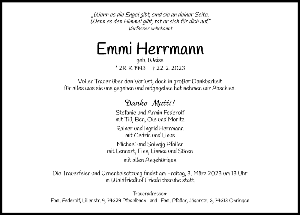  Traueranzeige für Emmi Herrmann vom 25.02.2023 aus GESAMT