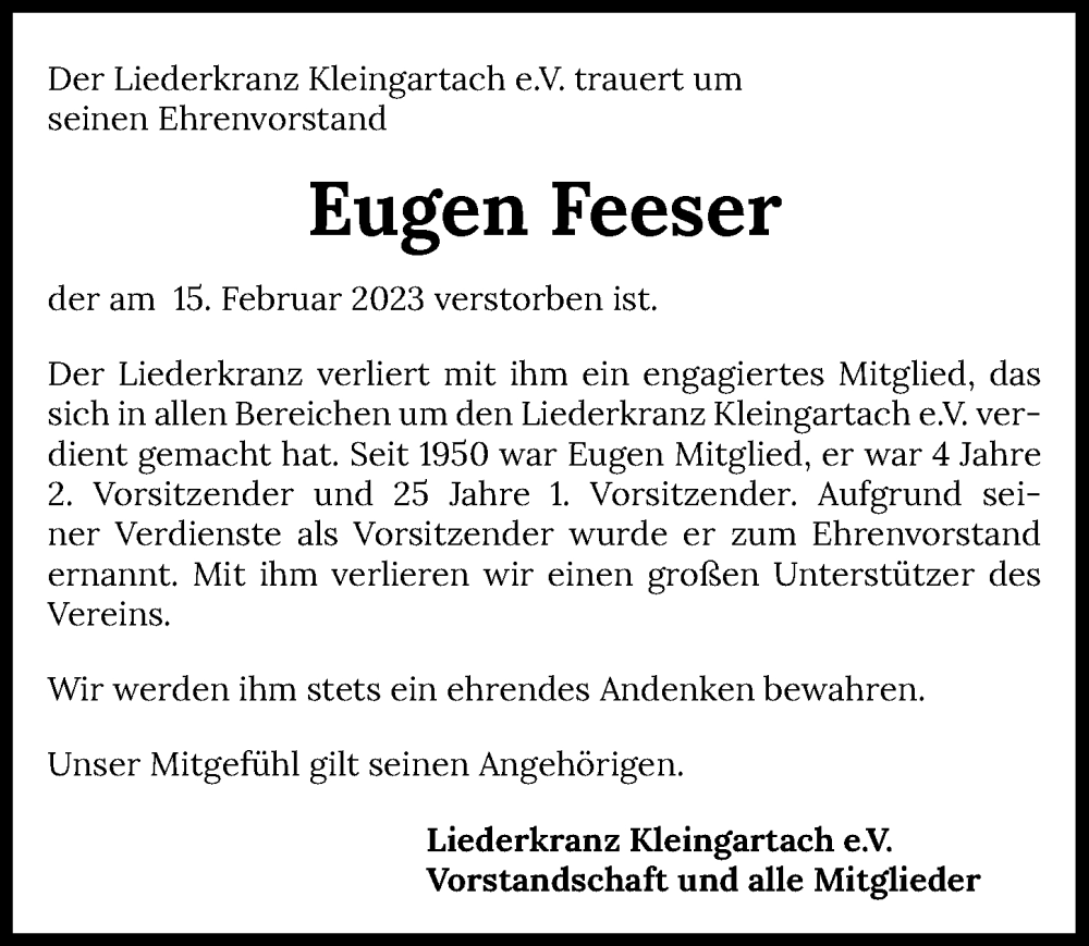  Traueranzeige für Eugen Feeser vom 22.02.2023 aus GESAMT