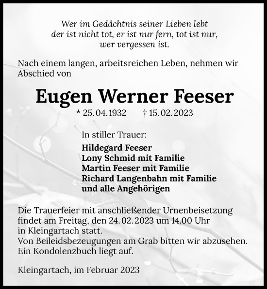 Traueranzeige von Eugen Werner Feeser von GESAMT
