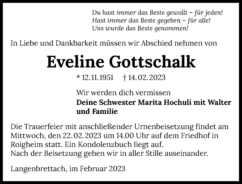  Traueranzeige für Eveline Gottschalk vom 18.02.2023 aus GESAMT