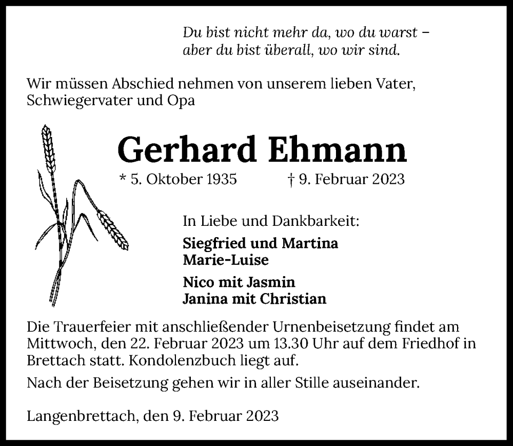  Traueranzeige für Gerhard Ehmann vom 18.02.2023 aus GESAMT