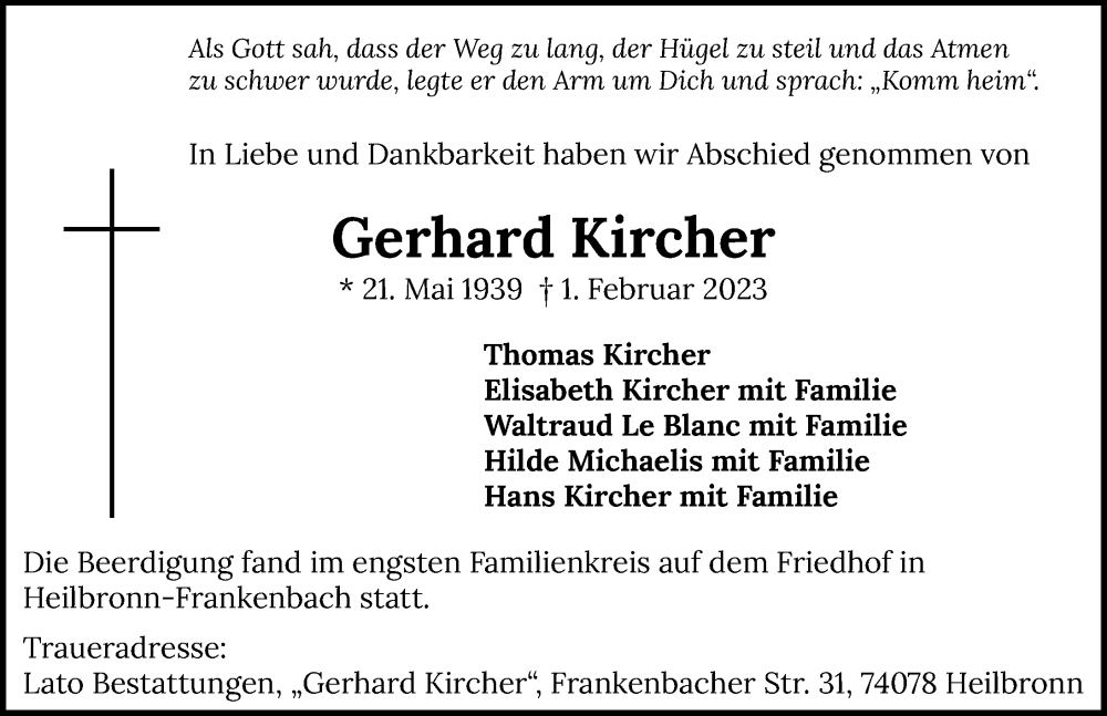  Traueranzeige für Gerhard Kircher vom 10.02.2023 aus GESAMT
