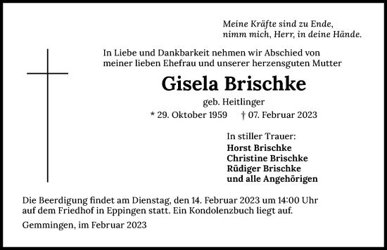 Traueranzeige von Gisela Brischke von GESAMT