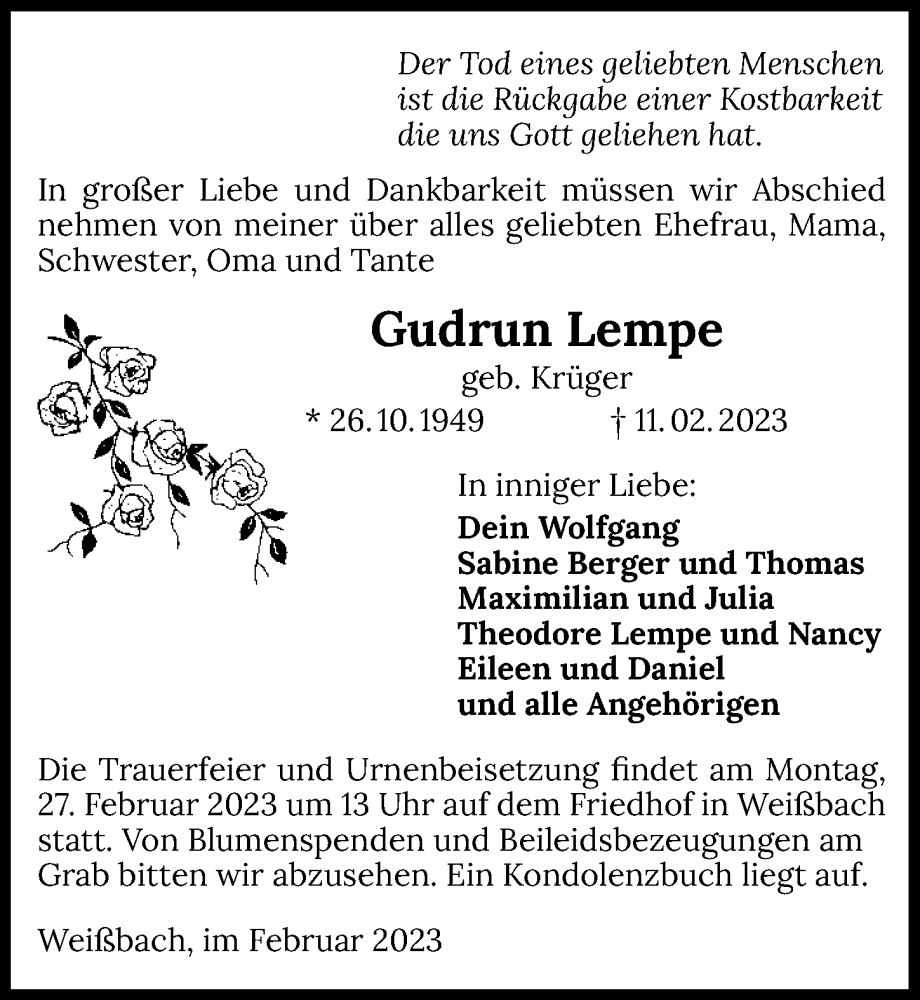  Traueranzeige für Gudrun Lempe vom 21.02.2023 aus GESAMT
