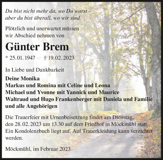 Traueranzeige von Günter Brem von GESAMT