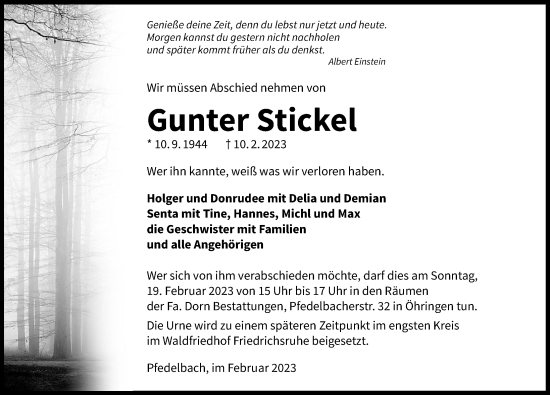 Traueranzeige von Gunter Stickel von GESAMT