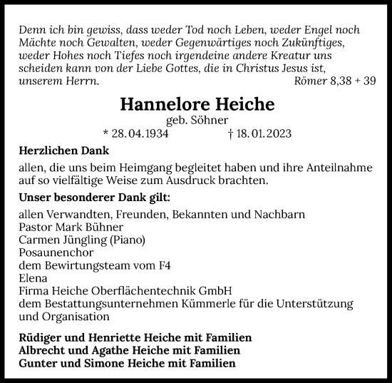 Traueranzeige von Hannelore Heiche von GESAMT
