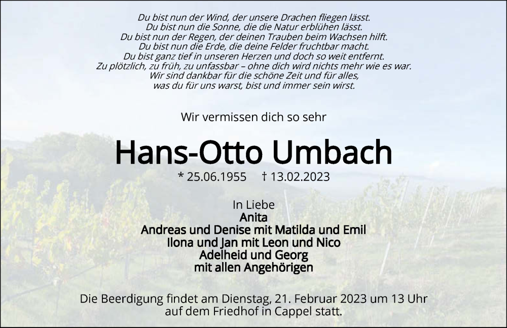  Traueranzeige für Hans-Otto Umbach vom 16.02.2023 aus GESAMT