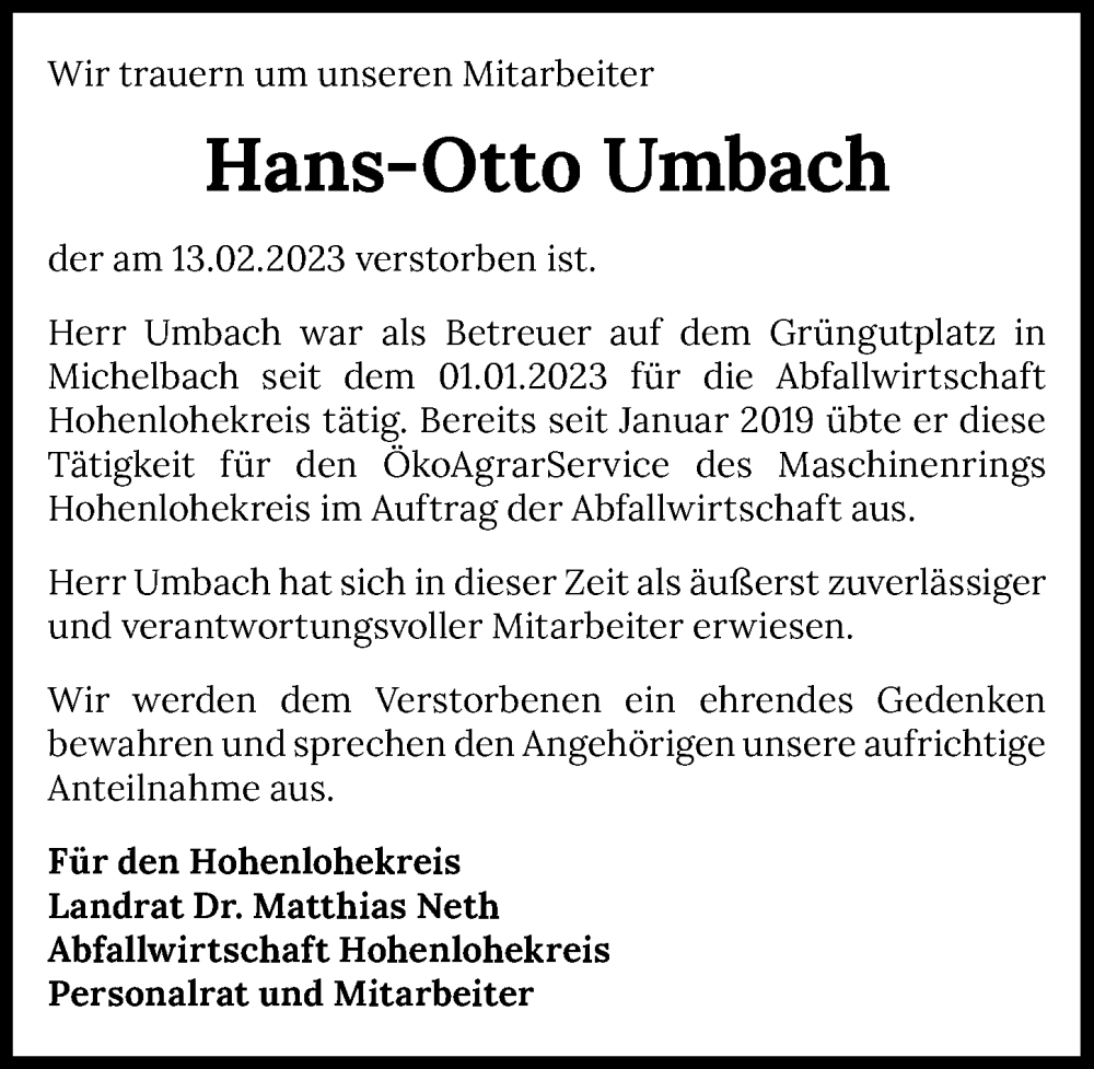  Traueranzeige für Hans-Otto Umbach vom 23.02.2023 aus GESAMT