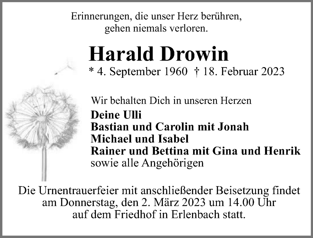  Traueranzeige für Harald Drowin vom 25.02.2023 aus GESAMT