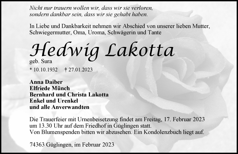  Traueranzeige für Hedwig Lakotta vom 11.02.2023 aus GESAMT