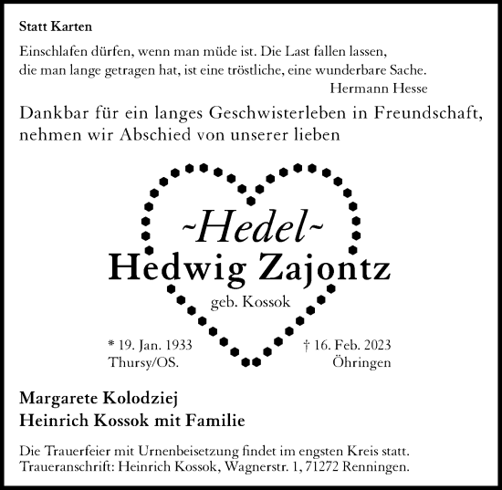 Traueranzeige von Hedwig Zajontz von GESAMT