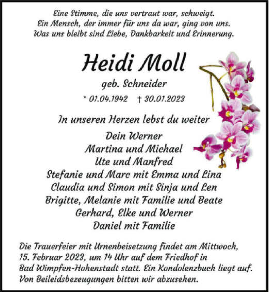  Traueranzeige für Heidi Moll vom 11.02.2023 aus GESAMT