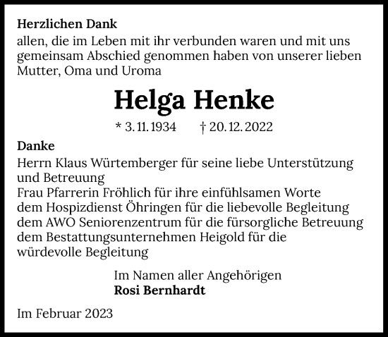 Traueranzeige von Helga Henke von GESAMT