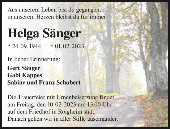 Traueranzeige von Helga Sänger von GESAMT