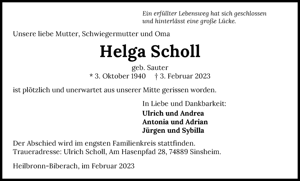  Traueranzeige für Helga Scholl vom 11.02.2023 aus GESAMT