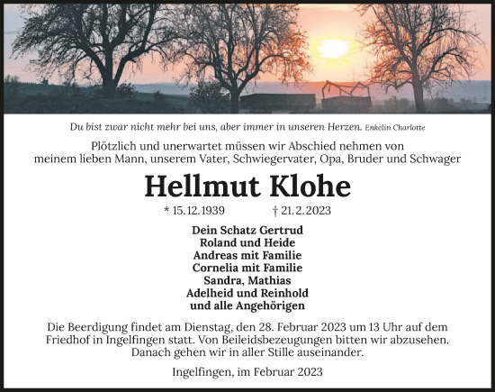 Traueranzeige von Hellmut Klohe von GESAMT