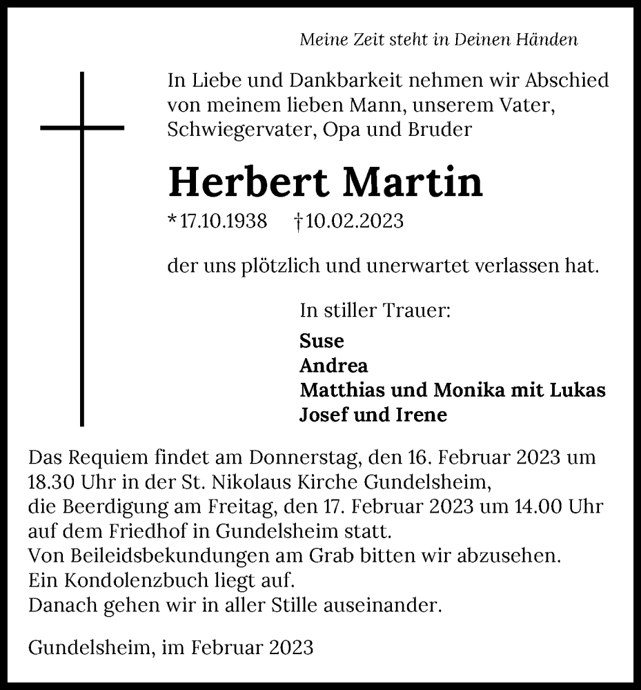  Traueranzeige für Herbert Martin vom 15.02.2023 aus GESAMT