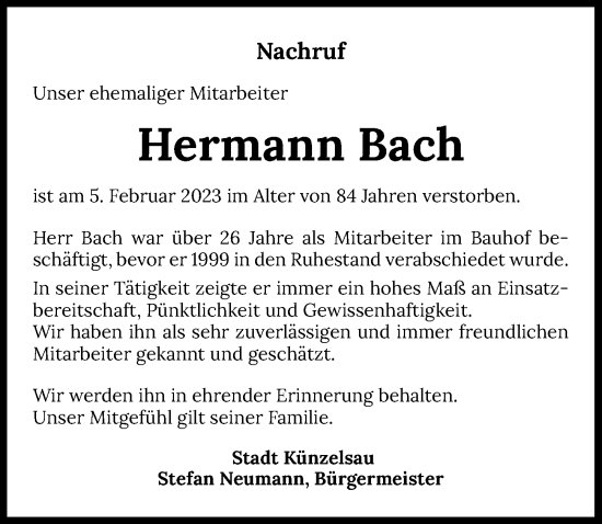 Traueranzeige von Hermann Bach von GESAMT
