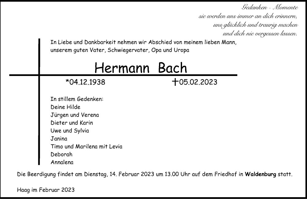  Traueranzeige für Hermann Bach vom 09.02.2023 aus GESAMT