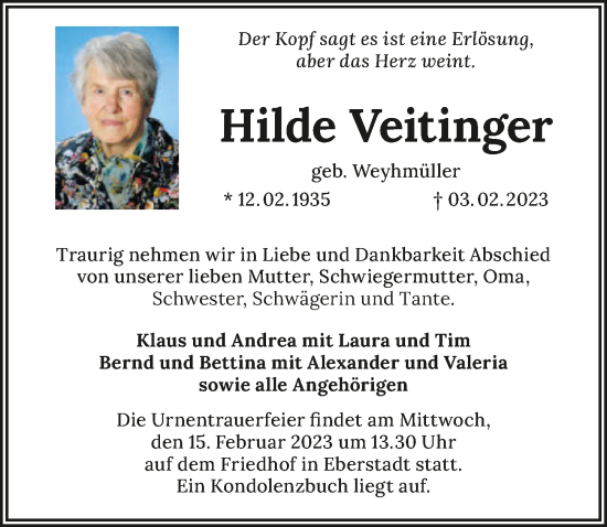 Traueranzeige von Hilde Veitinger von GESAMT