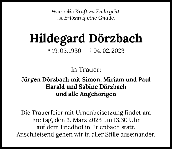 Traueranzeige von Hildegard Dörzbach von GESAMT
