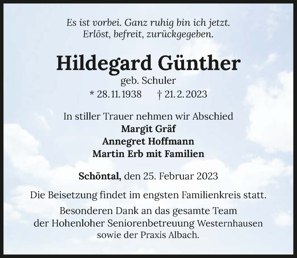  Traueranzeige für Hildegard Günther vom 25.02.2023 aus GESAMT