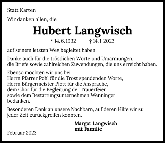 Traueranzeige von Hubert Langwisch von GESAMT