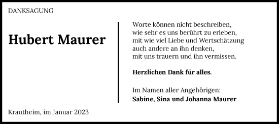 Traueranzeige von Hubert Maurer von GESAMT
