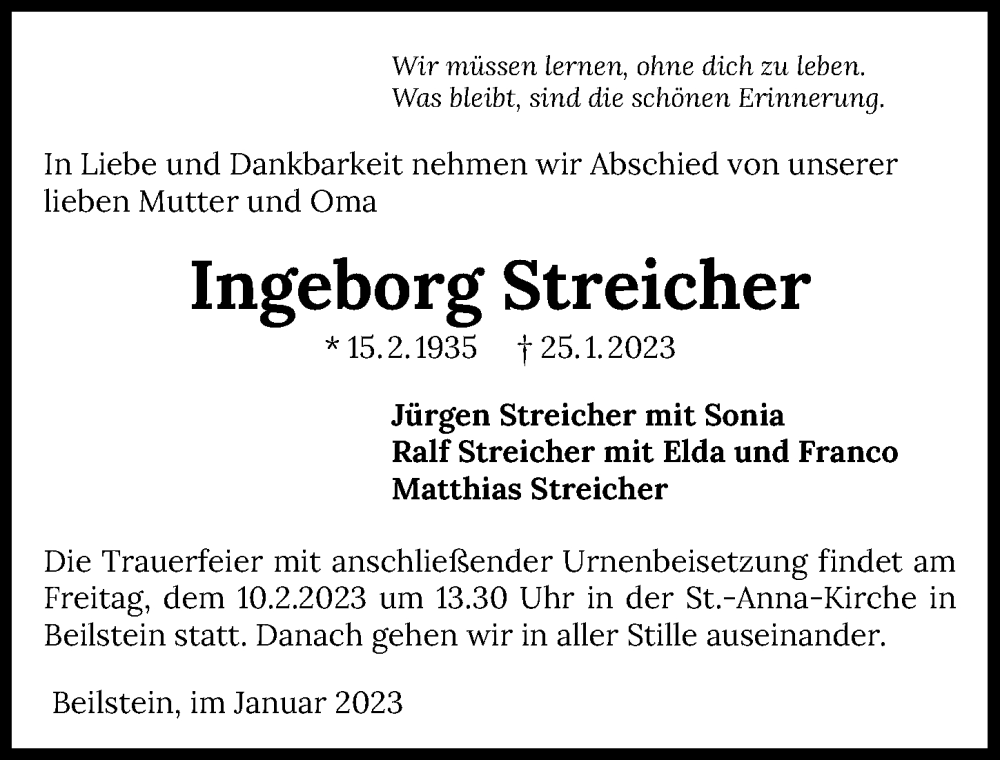  Traueranzeige für Ingeborg Streicher vom 03.02.2023 aus GESAMT