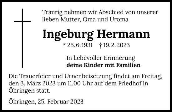 Traueranzeige von Ingeburg Hermann von GESAMT