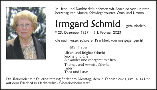 Traueranzeige von Irmgard Schmid von GESAMT
