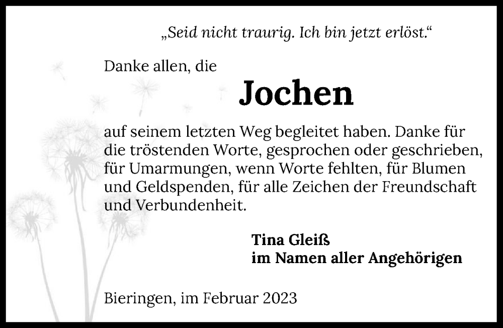  Traueranzeige für Jochen Gleiß vom 11.02.2023 aus GESAMT