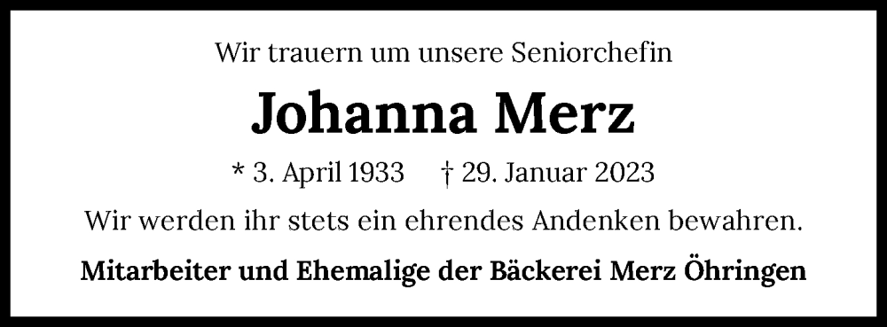  Traueranzeige für Johanna Merz vom 04.02.2023 aus GESAMT
