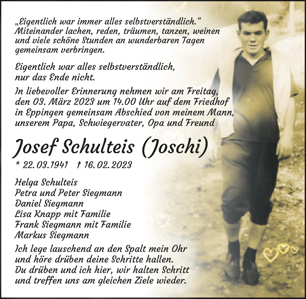  Traueranzeige für Josef Schulteis vom 25.02.2023 aus GESAMT