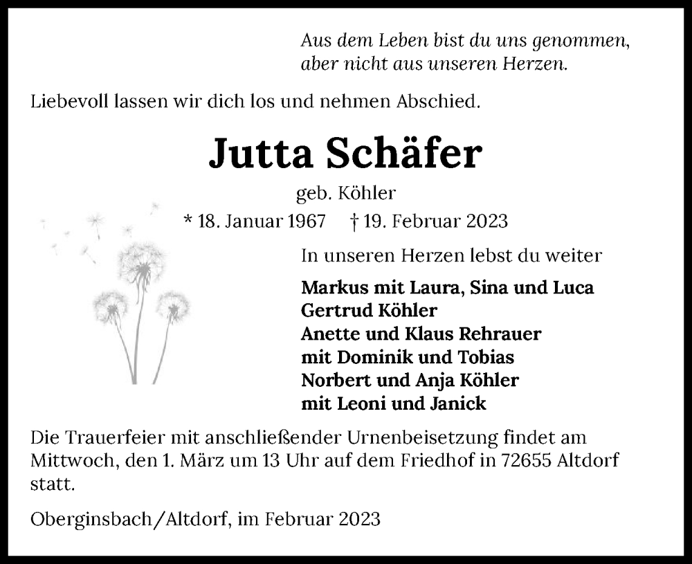  Traueranzeige für Jutta Schäfer vom 25.02.2023 aus GESAMT