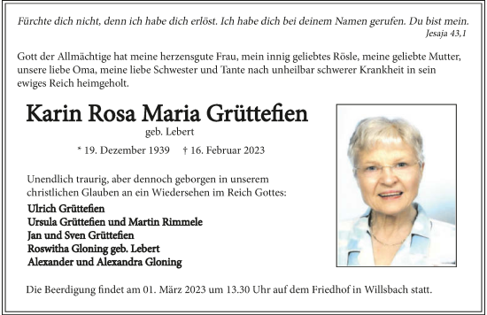 Traueranzeige von Karin Rosa Maria Grüttefifien von GESAMT