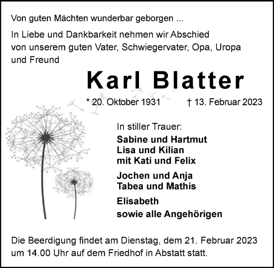 Traueranzeige von Karl Blatter von GESAMT