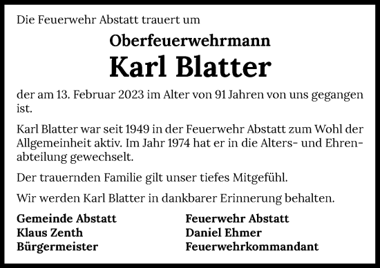 Traueranzeige von Karl Blatter von GESAMT