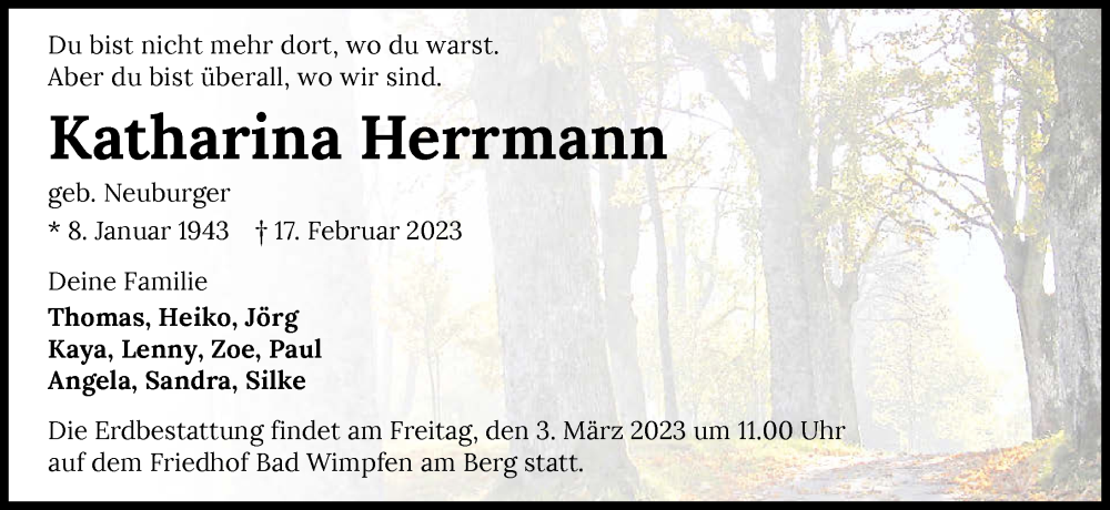  Traueranzeige für Katharina Herrmann vom 22.02.2023 aus GESAMT