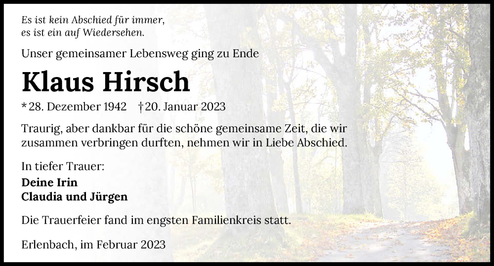  Traueranzeige für Klaus Hirsch vom 04.02.2023 aus GESAMT