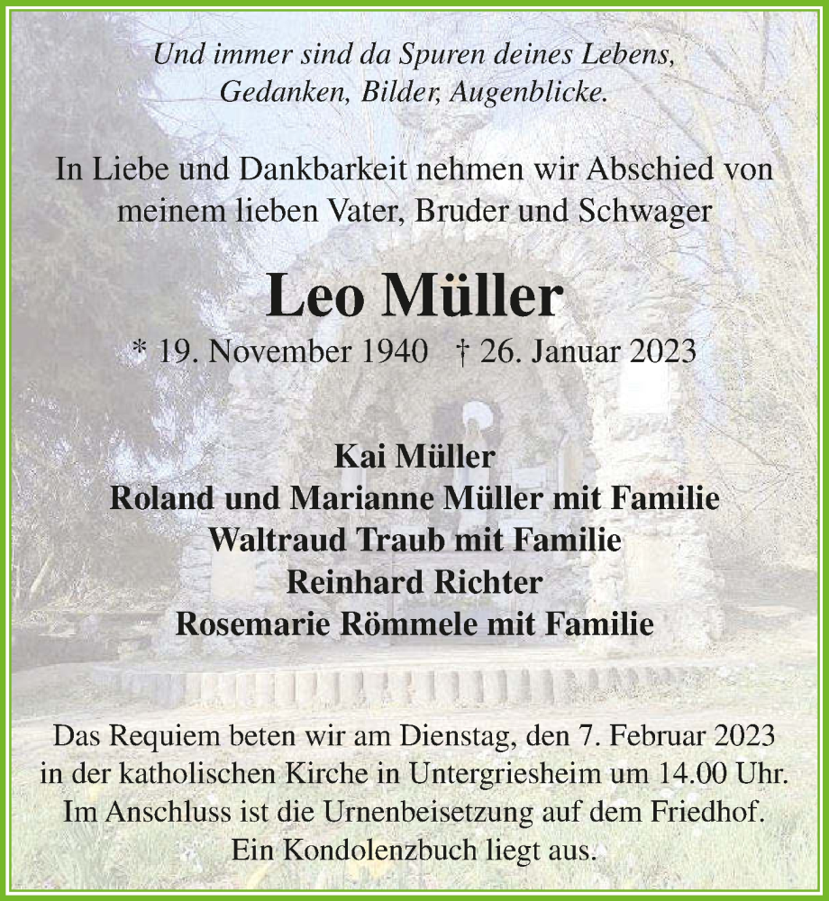  Traueranzeige für Leo Müller vom 04.02.2023 aus GESAMT