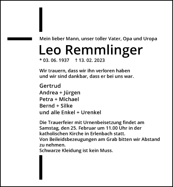 Traueranzeige von Leo Remmlinger von GESAMT