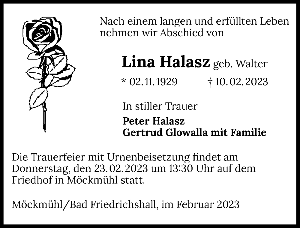  Traueranzeige für Lina Halasz vom 18.02.2023 aus GESAMT