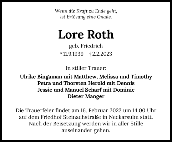 Traueranzeige von Lore Roth von GESAMT