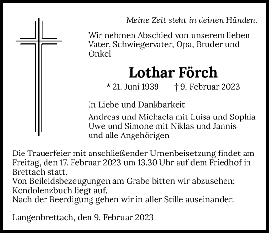 Traueranzeige von Lothar Förch