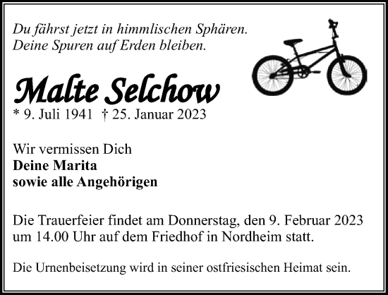 Traueranzeige von Malte Selchow von GESAMT