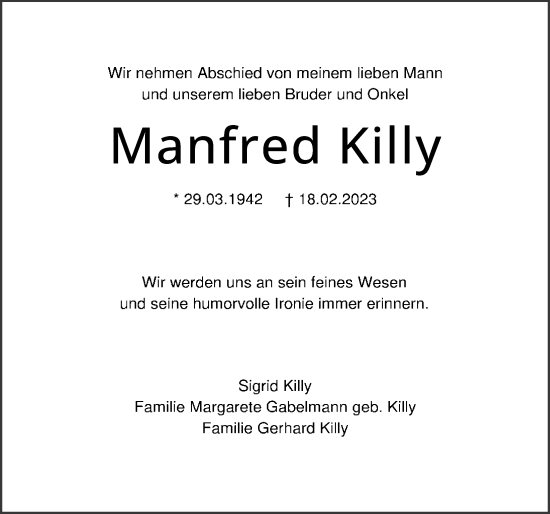 Traueranzeige von Manfred Killy von GESAMT