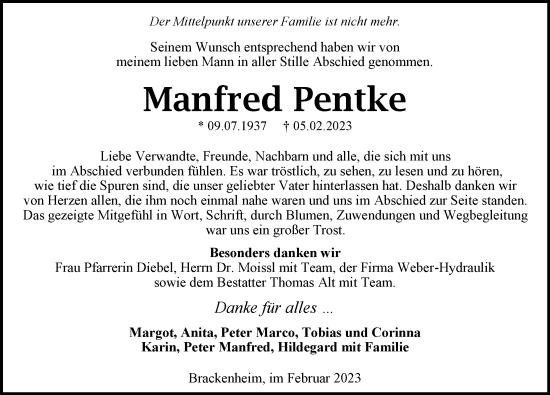Traueranzeige von Manfred Pentke von GESAMT