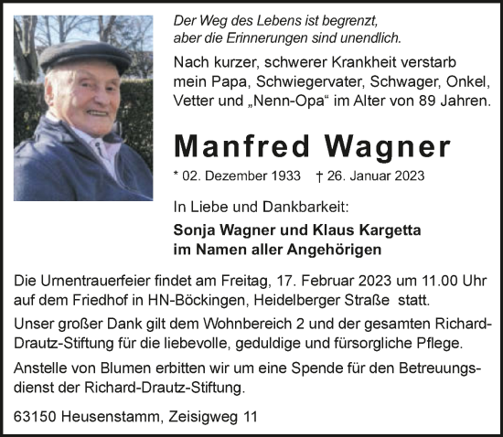 Traueranzeige von Manfred Wagner von GESAMT